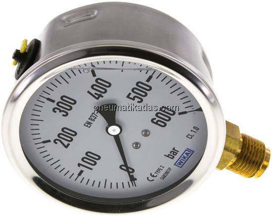 Glycerin-Manometer senkrecht (CrNi/Ms),100mm, 0 - 600 bar