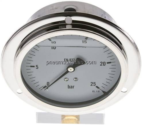 Glycerin-Einbaumanometer,Frontring, 100mm, 0 - 25 bar