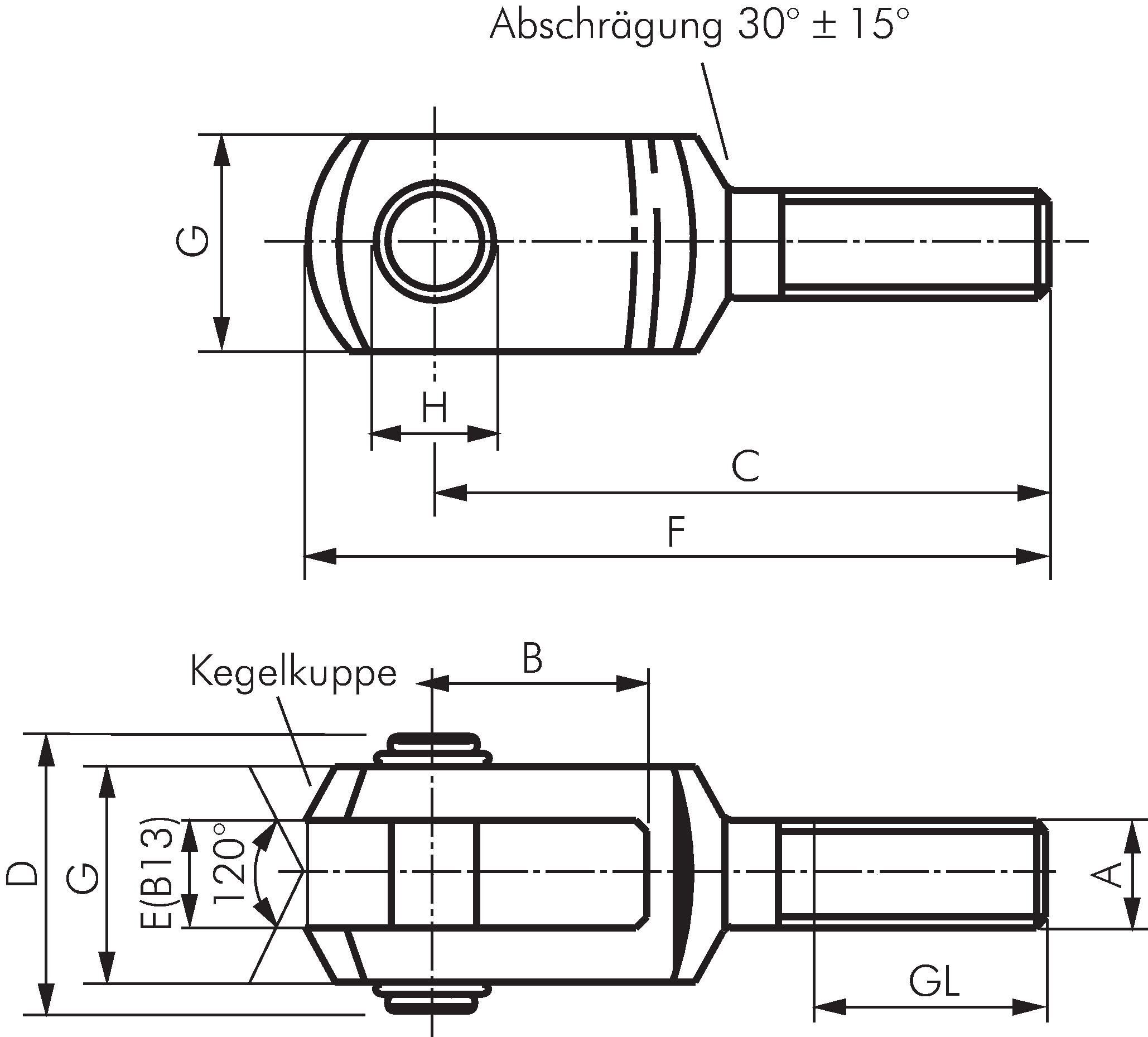 Zeichnung: Gabelkopf (Außengewinde) mit Bolzen