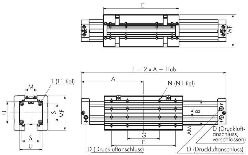 Zeichnung: Kolbenstangenloser Standardzylinder