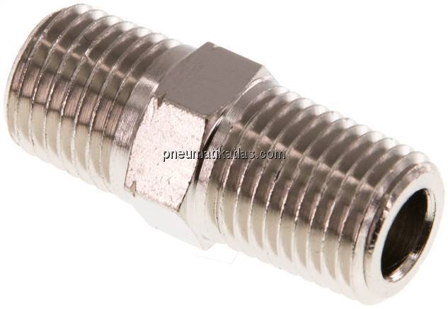 Doppelnippel R 1/4"-NPT 1/4", Messing vernickelt