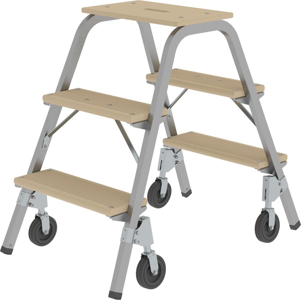 Stahl-Holz-Tritt fahrbar 3 Holzstufen 4 BockrollenHöhe Deckbrett 0,73 m Arbeitshöhe bis 2,60 m
