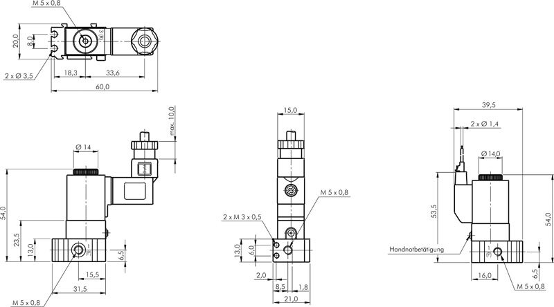 Zeichnung: 3/2-Wege Magnetventil mit Federrückstel