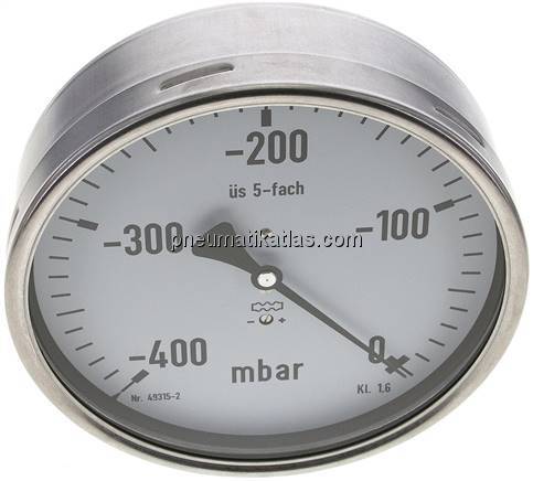Manometer waagerecht 160mm, -0,4 bar bis 0 bar mbar, G 1/2"