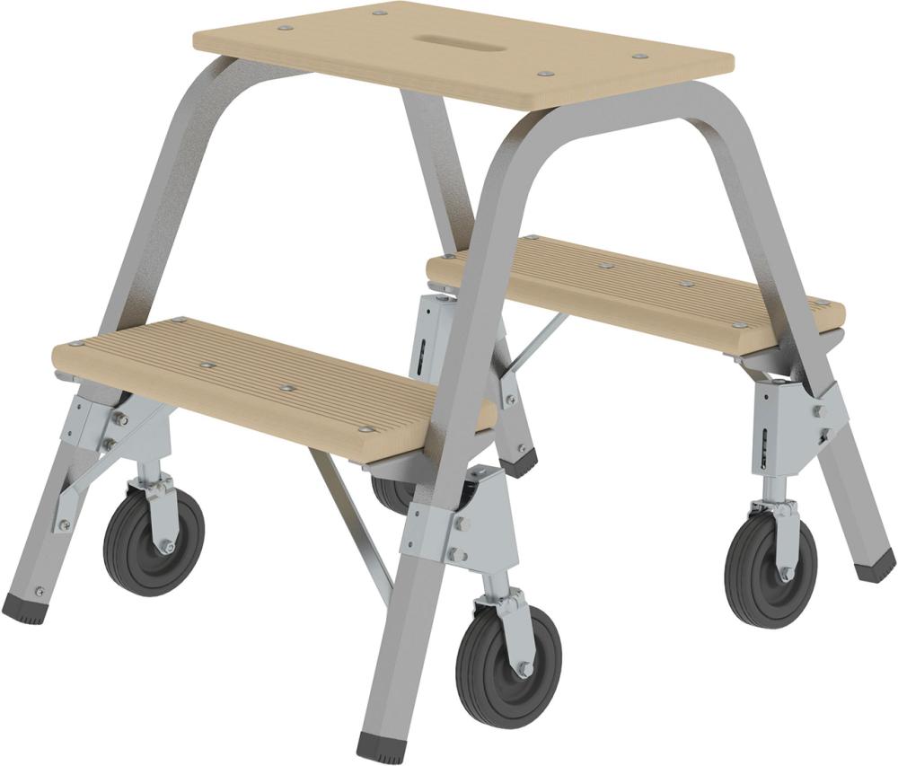 Stahl-Holz-Tritt fahrbar 2 Holzstufen 4 BockrollenHöhe Deckbrett 0,49 m Arbeitshöhe bis 2,40 m