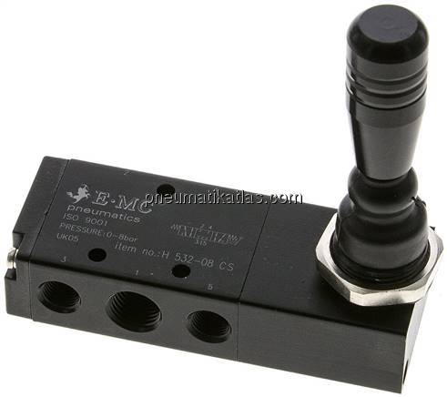 5/3-Wege Handhebelventil, G 1/4", Mittelstellung geschlossen, Federrückstellung