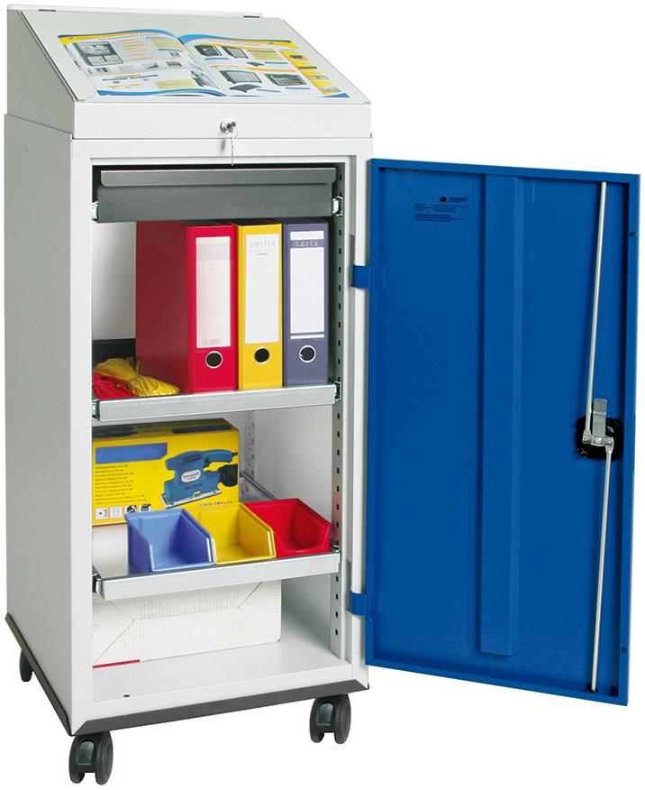 Schreibpultschrank B500xT500xH1310 mm RAL 7035/5010 1 Schublade, 2 Wannen