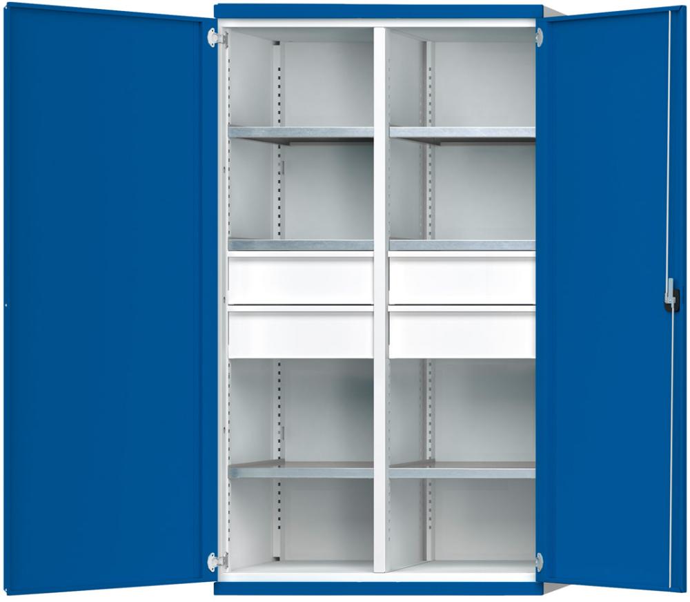 Schwerlastschrank B1085xT690xH1950mm RAL7035/5010 m.Mittelwand6Böden,4Schubladen 200kg
