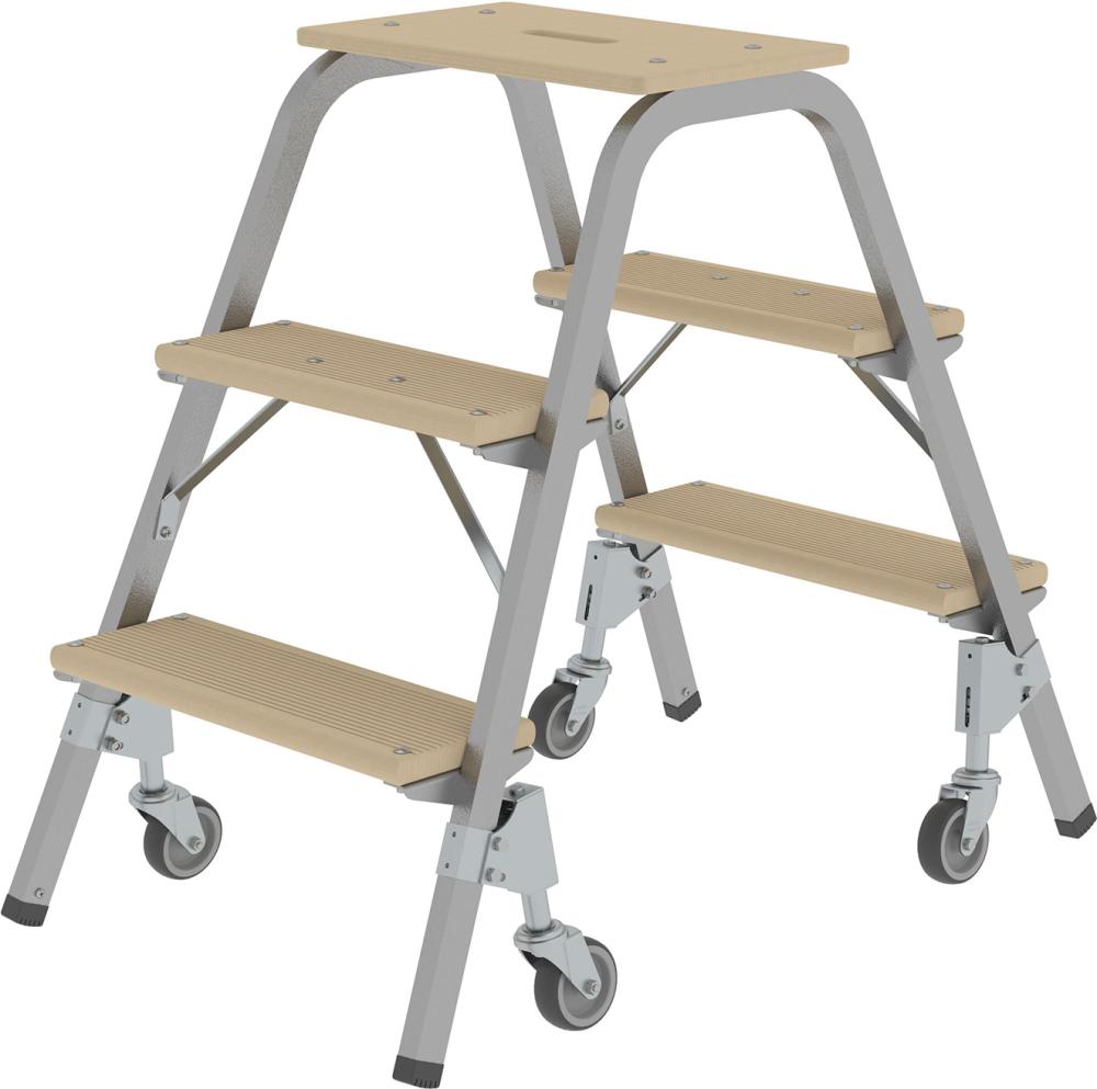 Stahl-Holz-Tritt fahrbar 3 Holzstufen 4 LenkrollenHöhe Deckbrett 0,73 m Arbeitshöhe bis 2,60 m
