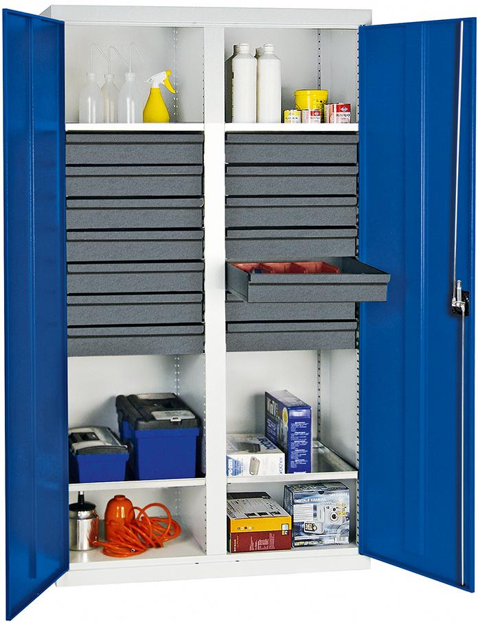 Werkzeugschrank B1000xT500xH1800 mm RAL 7035/5010 14 Schubladen, 4 Wannen