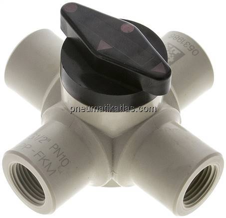 4-Wege Kugelhahn, PP, G 1/2", PN 10, Doppelwinkelbohrung