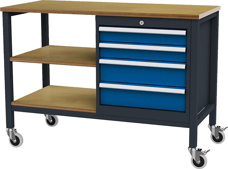 Kastenwerkbank mobil B1300mm 4 Schubladen 2 Böden RAL7016/5010