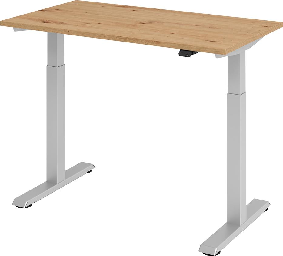 Sitz-Steh-Schreibtisch B 120 x T 67 cm Asteiche Platte 25mm el. Stufenlos verstellbar