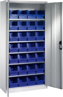 Lager-Regalschrank B1000xT300xH1980 mm RAL 7035 mit Türen 6 Fachböden, 28 Kästen CP