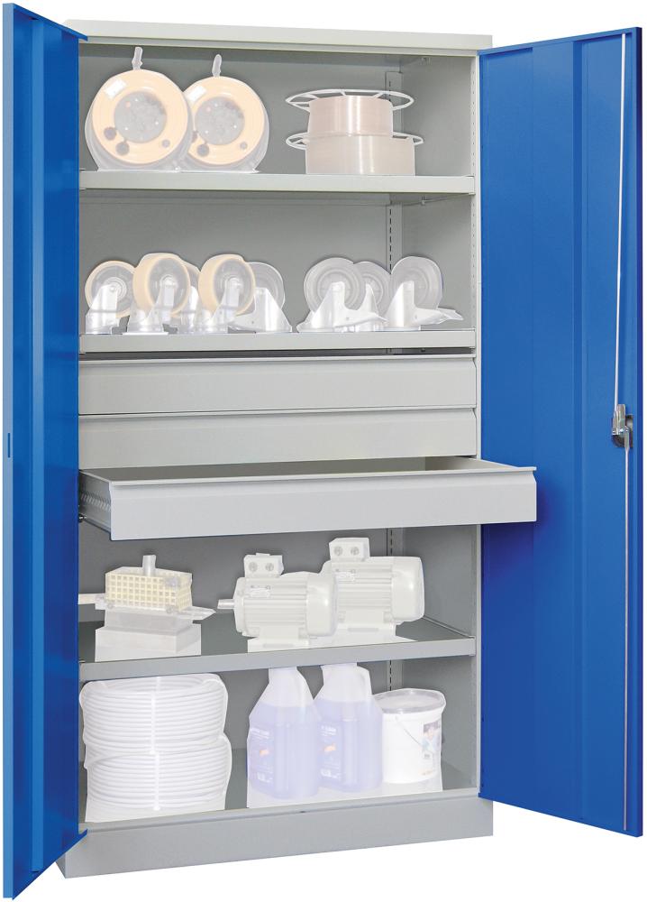 Schwerlastschrank 1950/630/1040 Drehg., ohne Trennwand 3 Böden, 3 Schubladen