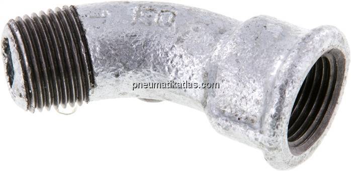 45°-Bogen Rp 3/8"(IG)-R 3/8"(AG), Temperguss verzinkt