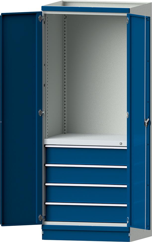 Modulschrank Modell 2409 B865xT720xH2200mm RAL 7035/5012 mit Türen 4 Schubladen
