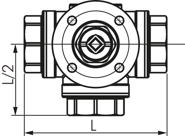 Zeichnung: 3-Wege Kugelhahn mit Direktmontageflans