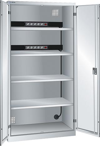 Akku-Ladeschrank B1000xT580xH1950mm RAL 7035,Vollblechtür 2x5-fach Leiste,4Böden