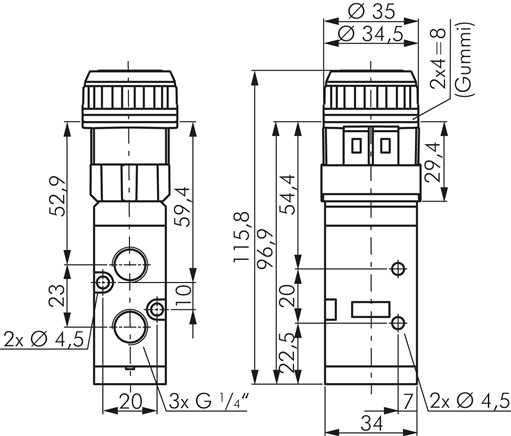 Zeichnung: 5/2-Wege Drucktasterventil