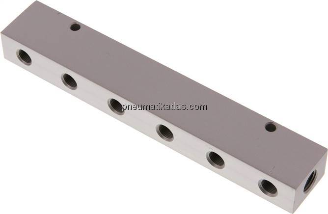 Verteilerleiste 2x G 1/4"-6x G 1/8", Aluminium eloxiert