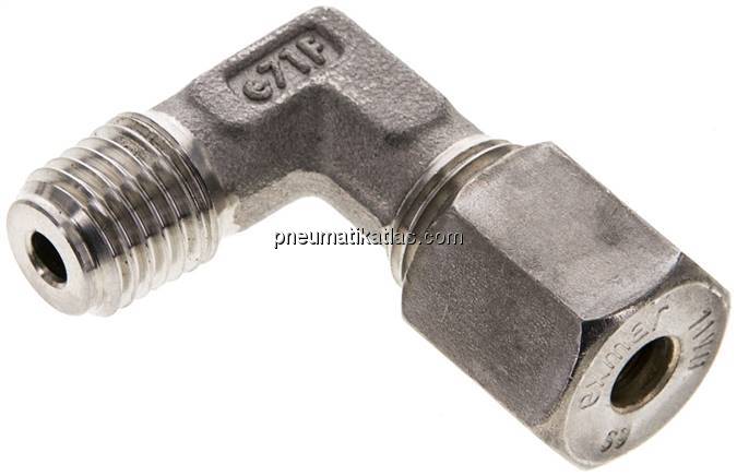 Winkel-Schneidringverschraub. M 12x1,5 (konisch)-6 S (M14x1,5), Klemmring 1.4571