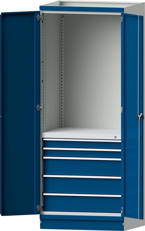 Modulschrank Modell 2410 B865xT720xH2200mm RAL 7035/5012 mit Türen 5 Schubladen