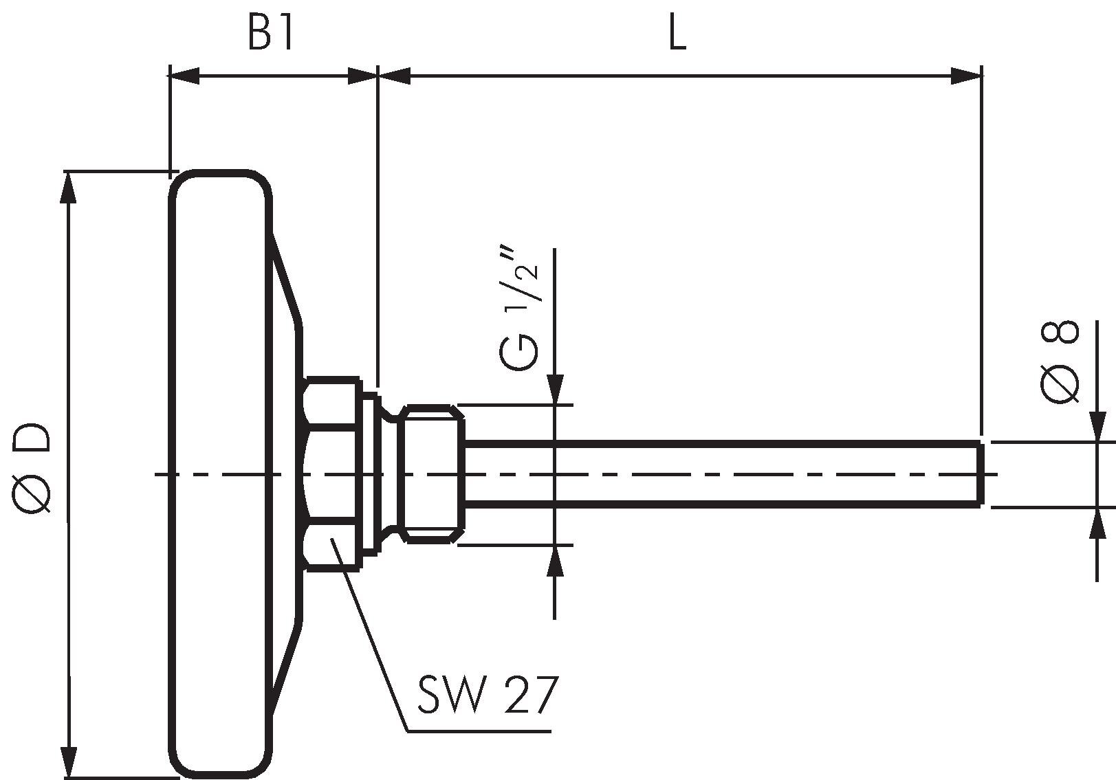Zeichnung: Bimetallthermometer waagerecht ohne Sch