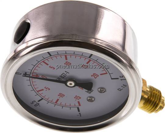 Glycerin-Manometer senkrecht (CrNi/Ms), 63mm, -1 bis 1,5 bar