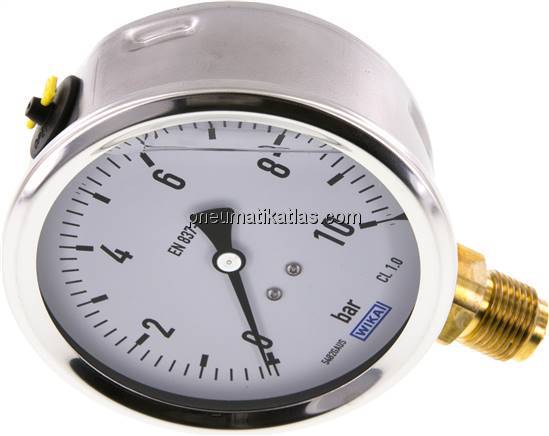 Glycerin-Manometer senkrecht (CrNi/Ms),100mm, 0 - 10 bar