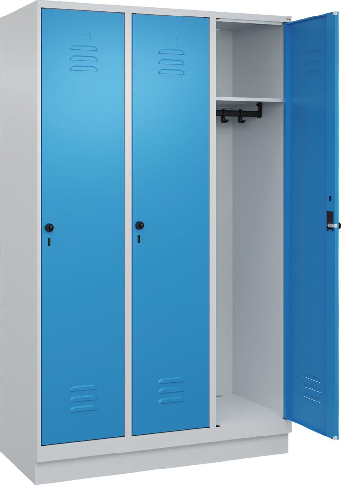 Garderobenschrank CLASSICB1200xT500xH1950 mm RAL 7035/5012, 3 Abteile mit 100 mm hohem Sockel