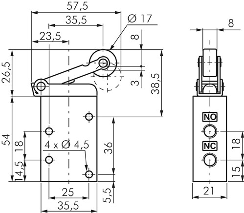 Zeichnung: 3/2-Wege Rollenhebelventil