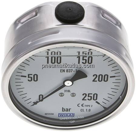 Chemie-Glycerin-Manometer waagerecht, 100mm, 0 - 250bar