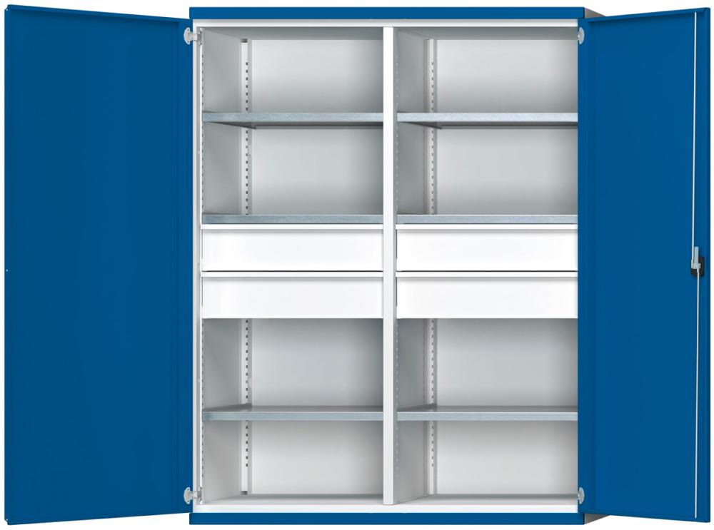 Schwerlastschrank B1485xT690xH1950mm RAL7035/5010 m.Mittelwand6Böden,4Schubladen 200kg
