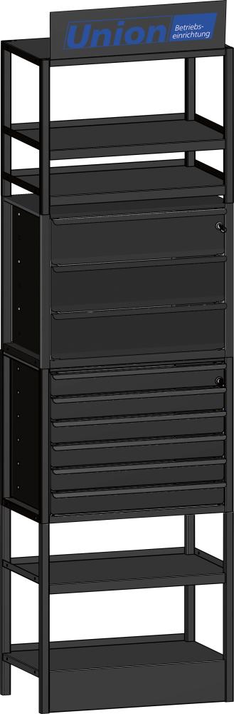 UNION C-Teile Modulturm 64 Böden, 9 Schubladen abschließbar, RAL 7016 UNION Beschriftungsschild