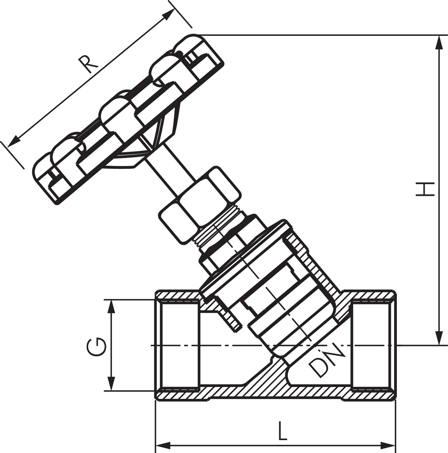 Zeichnung: Schrägsitz-Muffenabsperrventil (Edelsta