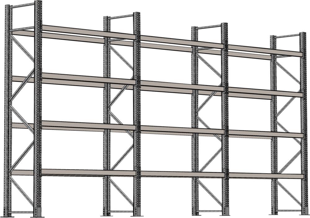 Palettenregal verzinkt 3 Felder á 2700 mm H 4500xT 1100mm 24 Holme 3000 kg