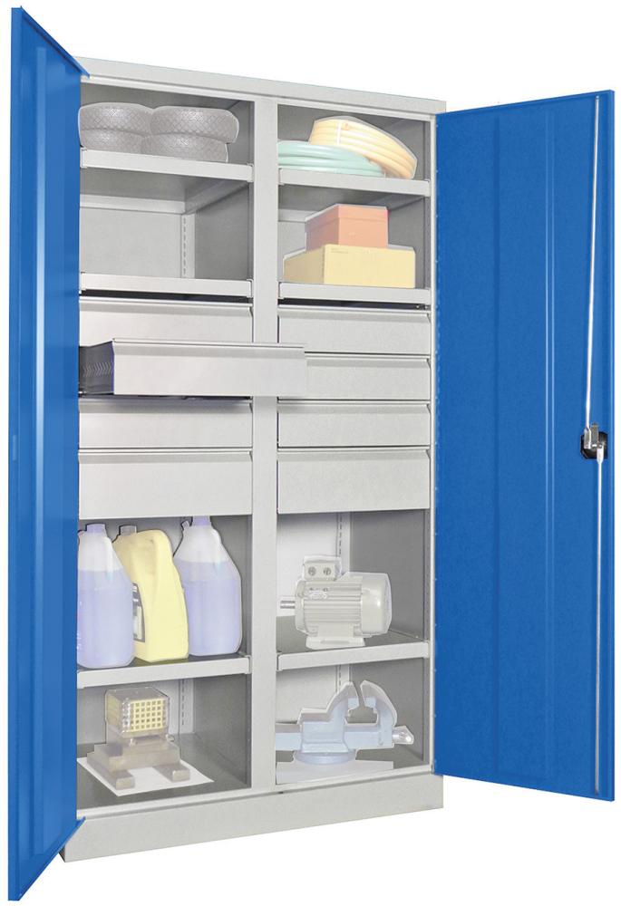 Schwerlastschrank 1950/630/1040 Drehg., mit Trennwand 6 Böden, 8 Schubladen