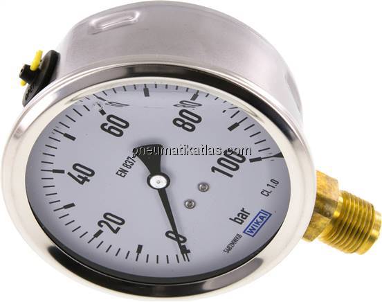 Glycerin-Manometer senkrecht (CrNi/Ms),100mm, 0 - 100 bar