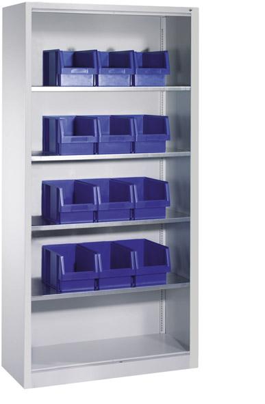 Lager-Regalschrank B1000xT300xH1980 mm RAL 7035 ohne Türen 4 Fachböden, 12 Kästen CP