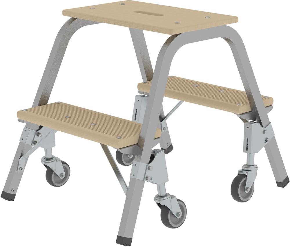 Stahl-Holz-Tritt fahrbar 2 Holzstufen 4 LenkrollenHöhe Deckbrett 0,49 m Arbeitshöhe bis 2,40 m