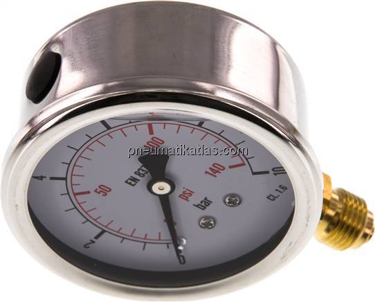 Glycerin-Manometer senkrecht (CrNi/Ms), 63mm, 0 - 10 bar