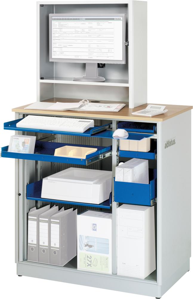 Computer-Tisch B1030xT660xH1810 mm RAL 7035/5010 stationär Gehäuse mit Tür