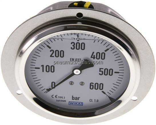 Glycerin-Einbaumanometer,Frontring, 100mm, 0 - 600 bar