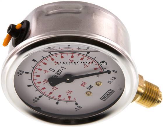 Glycerin-Manometer senkrecht (CrNi/Ms), 63mm, -1 bis 0 bar