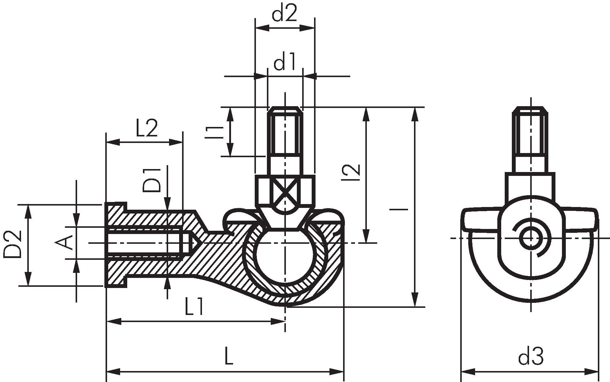Zeichnung: Gelenkkopf 90° für Rundzylinder ISO 643