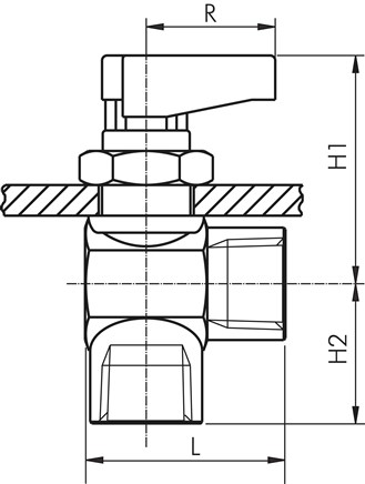 Zeichnung: Winkel-Kugelhahn mit einseitigem Knebel