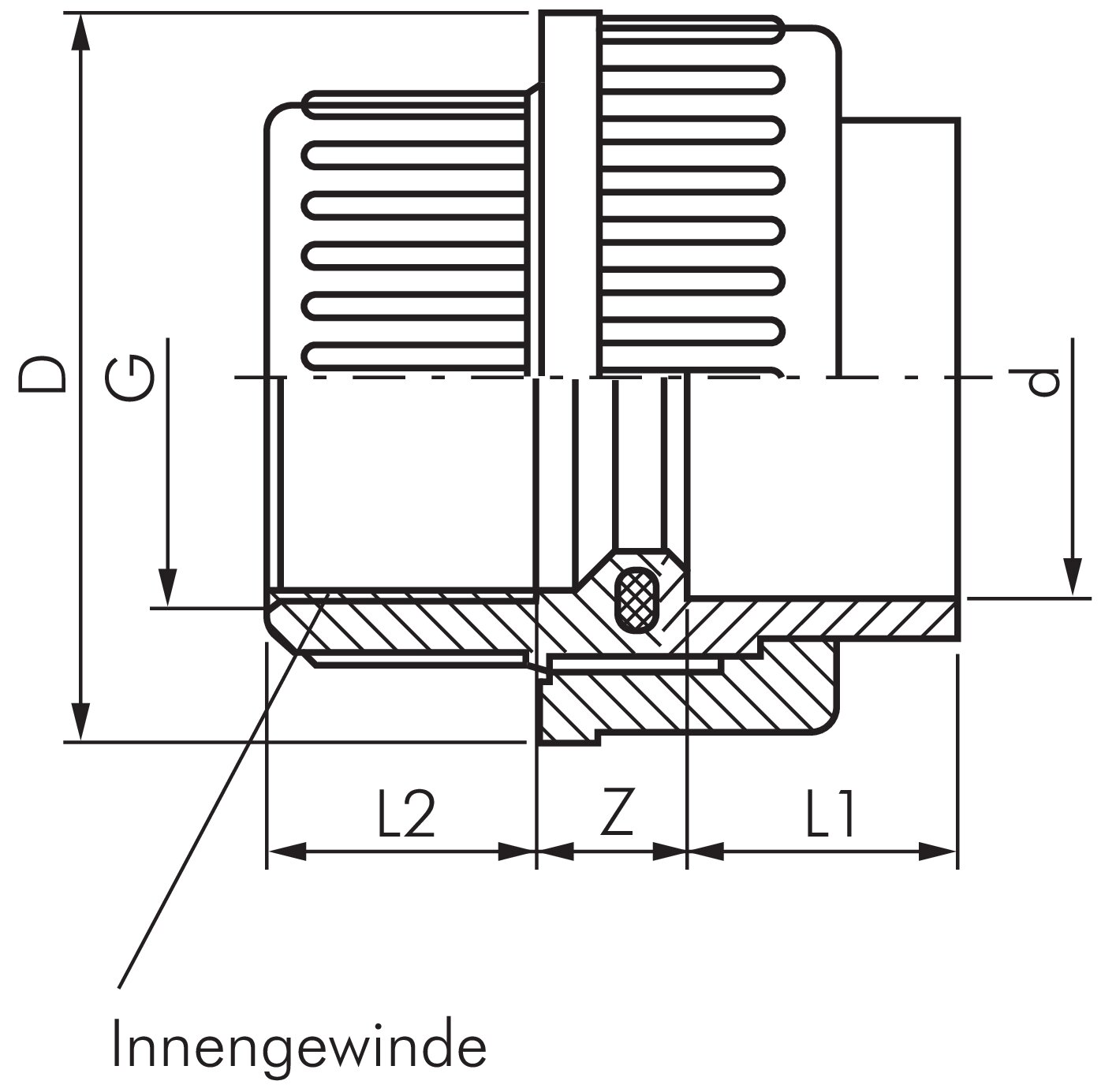 Zeichnung: PVC-Verschraubung mit Klebemuffe & Inne