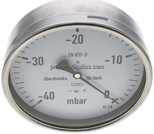 Manometer waagerecht 160mm, -0,04 bar bis 0 bar mbar, G 1/2"