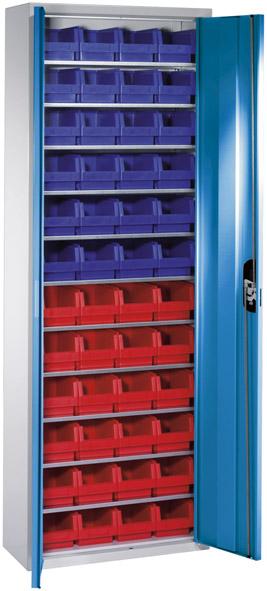 Lager-Regalschrank B700xT300xH1980 mm RAL 7035/5012 mit Türen 11 Fachböden, 48 Kästen